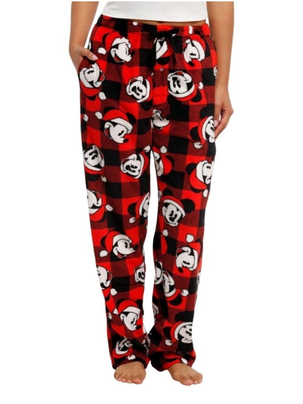 Disney Mickey Mouse Mens L Pajama Pants Plaid Fleece Plush Red Black Santa